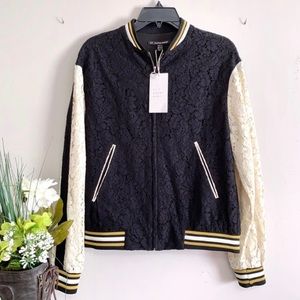 Zara Trf Outerwear Women's Black Cream Long Sleeve Lace Zippered Bomber Jacket